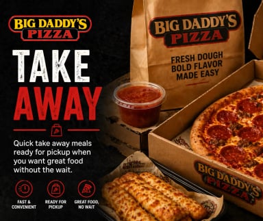 Takeaway meal from Big Daddy's Pizza featuring pizza, wings, and dipping sauce.