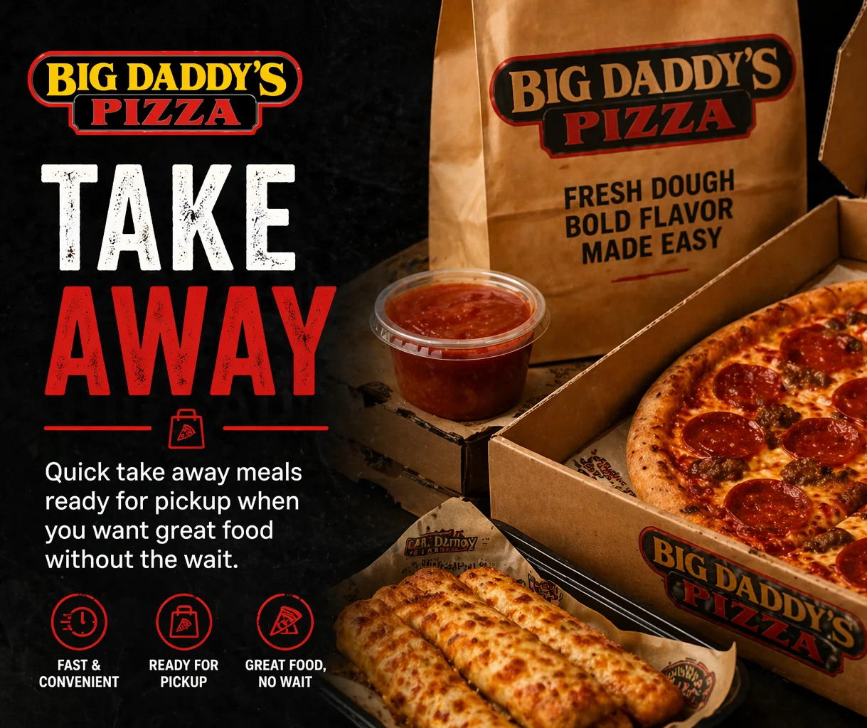 Takeaway meal from Big Daddy's Pizza featuring pizza, wings, and dipping sauce.